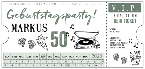 Retro Einladung 50. Geburtstag im Ticketstil mit Plattenspieler Motiv