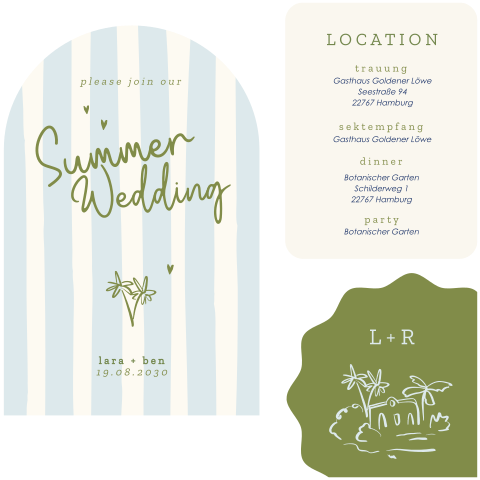Sommerliche Hochzeitseinladung als Kartenset in Blau und Grün mit Palmenillustration