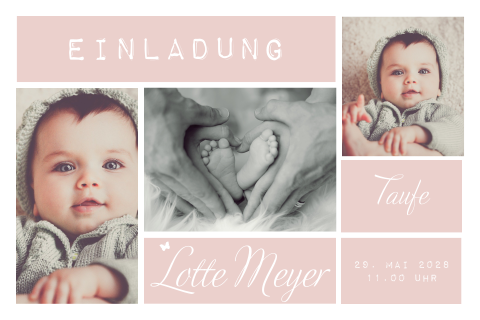 Ansprechende Einladung zur Taufe rosa mit Platz für drei Bilder