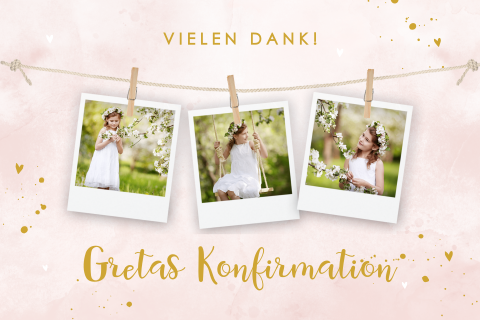 Danksagung zur Konfirmation in rosa mit goldenen Herzchen