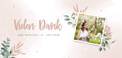 Dankeskarte Kommunion mit Zweigen und Foto auf der Vorderseite