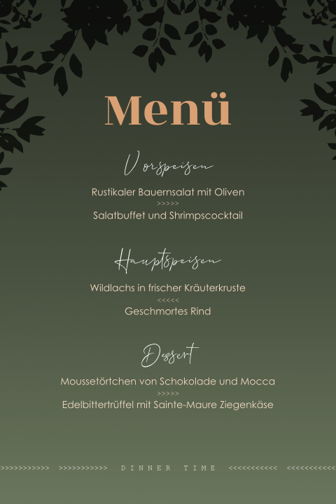 Menükarte zur Doppelparty in Grün mit Zweigen