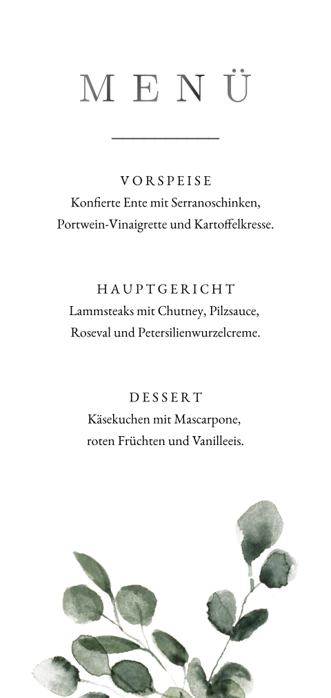 Menükarte mit Eukalyptuszweig und runden Ecken