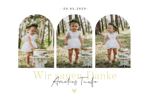 Dankeskarte Taufe mit Fotos in Bogenform und Aquarell Blättern