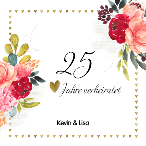 Silberhochzeit Einladung mit Herzrahmen und Blumensträußen