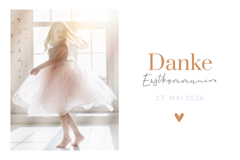 Danksagungskarte zur Kommunion in Orange und Violett mit Foto und Herz