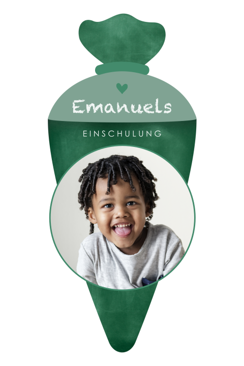 Einladung Einschulung in Form von einer Schultüte in Grün und Foto