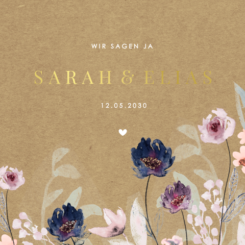 Harmonische Kraftlook-Hochzeitskarte mit Aquarell Blumen