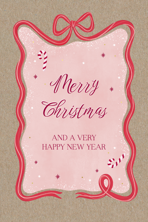 Weihnachtskarte im Kraft-Look mit welligem, rotem Rahmen und Schleife