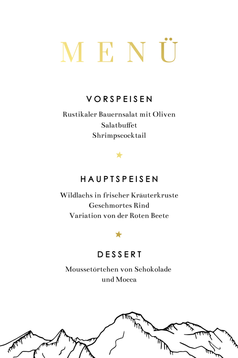 Menükarte mit Bergen und Goldfolie