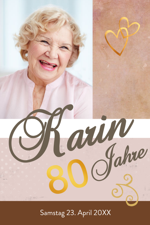 Stilvolle Einladung zum 80. Geburtstag mit Foto und Herzen