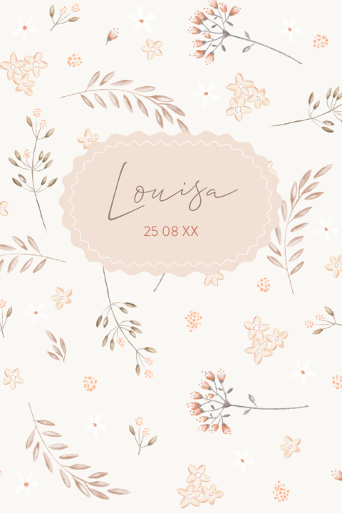 Süße Geburtskarte mit abgerundeten Ecken und Blumen und Blätterzweigen