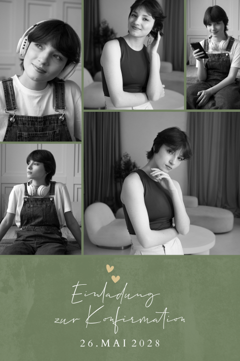 Einladung zur Konfirmation mit Fotocollage in Salbeigrün
