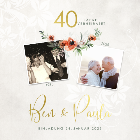 Klassische Einladung zur Rubinhochzeit mit Fotos und Goldfolie