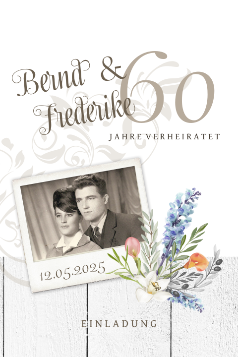 Einladung zur Diamanthochzeit mit Blumenverzierungen und Polaroid