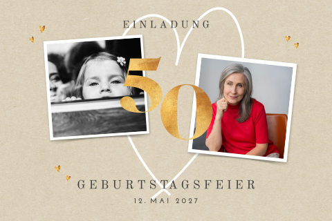 Einladung zum 50sten Geburtstag mit Fotos, Herz und Sektgläsern