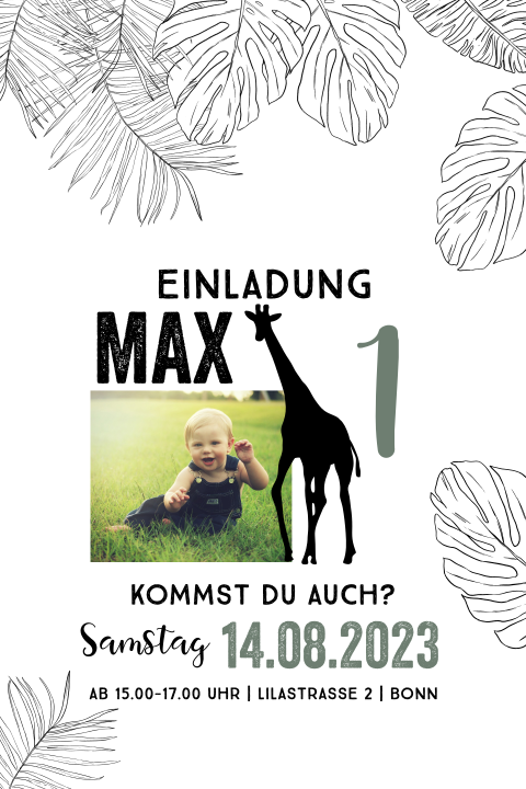 Coole Einladung zum Kindergeburtstag mit Foto, Giraffe und Blättern