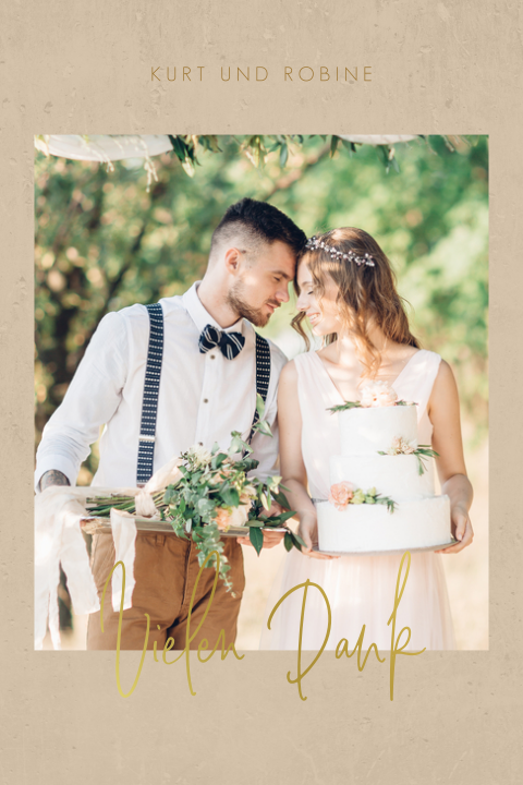 Sandfarbene Dankeskarte zur Hochzeit mit Foto und Goldfolie