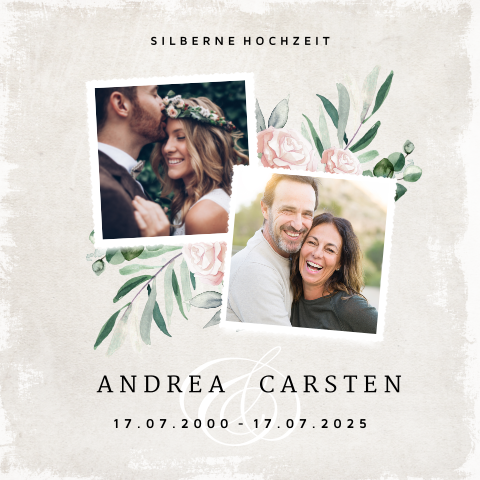 Elegante Hochzeitskarte Silberhochzeit mit Foto und dezenten Blumen
