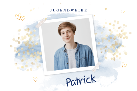 Einladung zur Jugendweihe mit Foto und blauen Aquarell Wolken