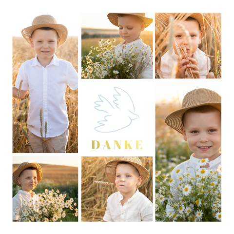 Dankeskarte zur Kommunion mit Fotocollage, Taube und Goldfolie