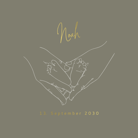 Geburtskarte mit Strichzeichnung von Füsschen, mit Foto und Goldfolie