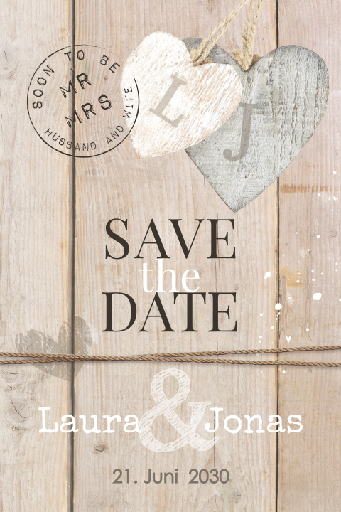 Save the date Karte im Holzlook mit Herzen