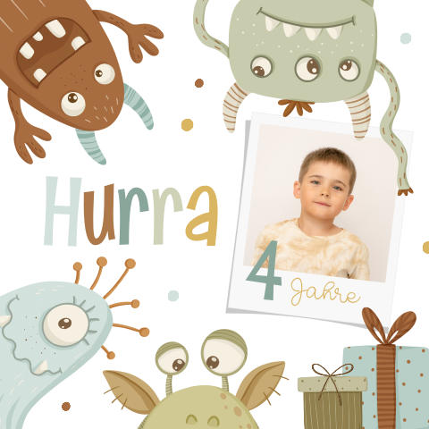 Süße Einladung zum Kindergeburtstag mit lustigen Monstern und Foto