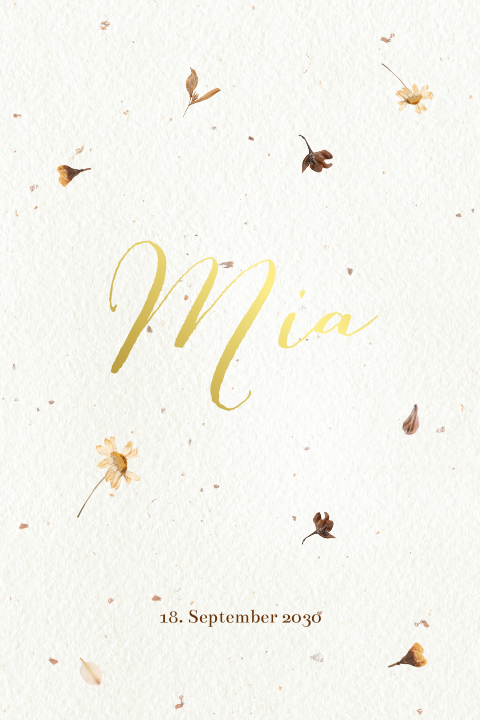 Schlichte Geburtskarte mit Trockenblumen und Foto auf Rückseite