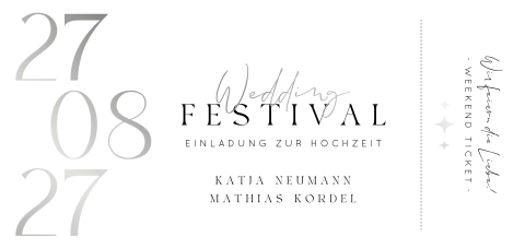 Edle Einladung zur Wochenendhochzeit im Ticketstil mit Silberfolie