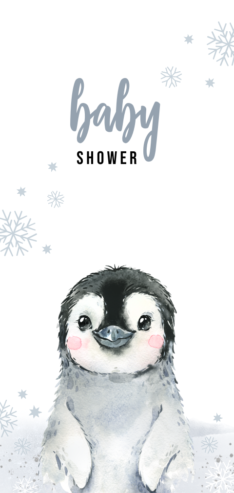 Winterliche Einladung zur Babyshower mit Schneeflocken und Pinguin
