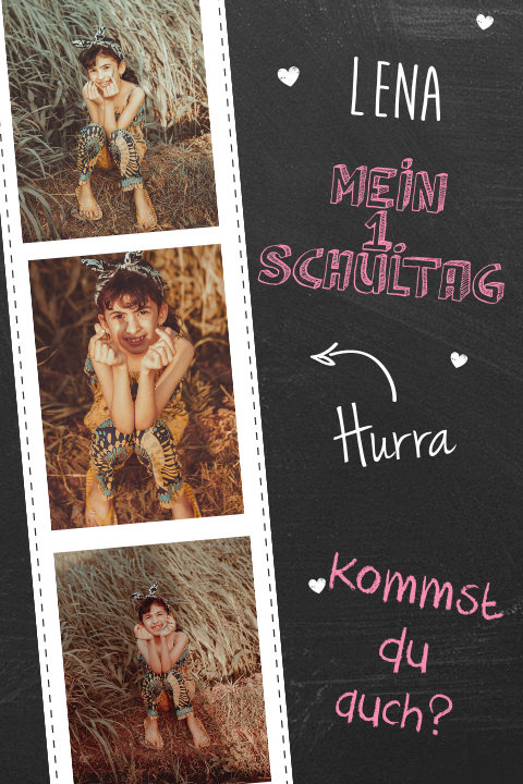 Starke Einschulungskarte mit Fotostreifen auf Tafel