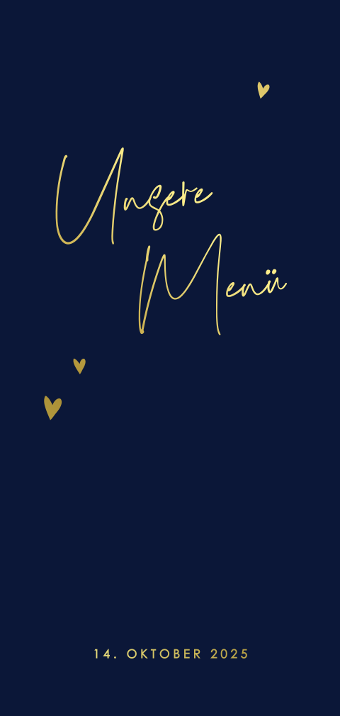 Stilvolle Menükarte mit dunklem Hintergrund und Foliendruck