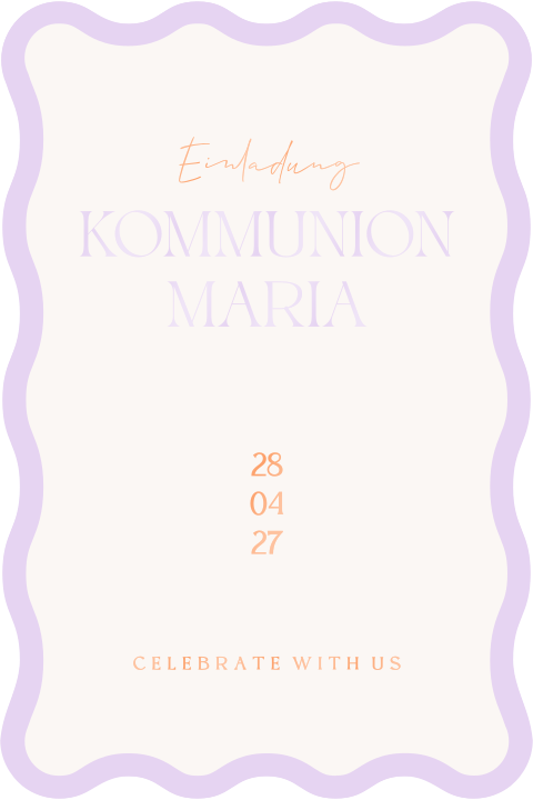 Colorblocking Einladung zur Kommunion mit violettem, gewellten Rand