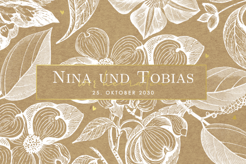 Goldfolie Hochzeitseinladung mit weißen Blumen in Kraft-Look