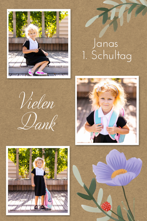 Dankeskarte zur Einschulung mit süßen Blumen und vier Fotos