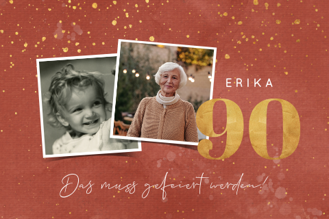 Geburtstagseinladung 90 Jahre mit goldenen Sprenkeln und Foto