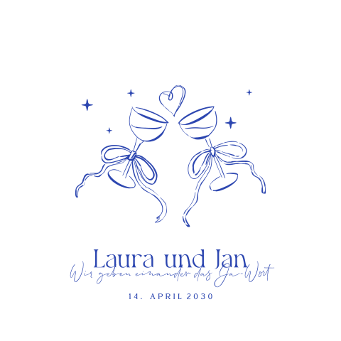 Fröhliche Hochzeitseinladung mit blauen Illustrationen