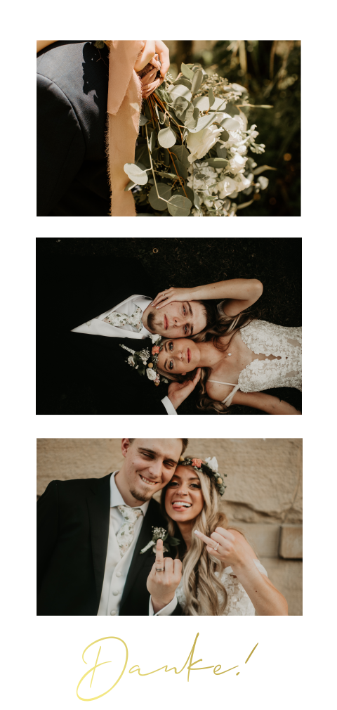 Fotostreifen Dankeskarte Hochzeit mit drei Fotos und Goldfolie
