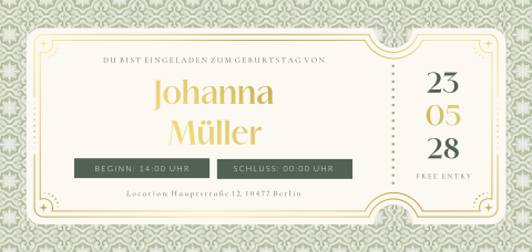 Ticket Geburtstagseinladung  mediterranem Boho-Muster in Grün