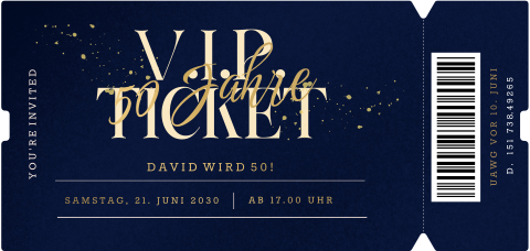 Blaue Geburtstagseinladung 50 Jahre als VIP-Ticket mit Mattgoldfolie