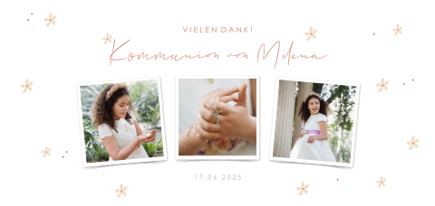 Danksagung Kommunion mit drei Fotos und Blümchen im Panorama-Format