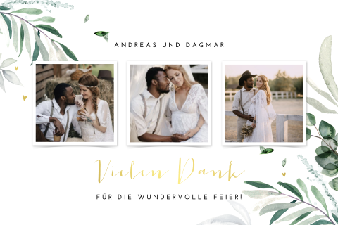 Florale Goldfolien Dankeskarte mit Blättern, Foto und Herzen
