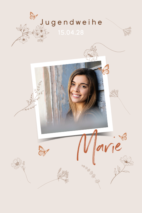 Einladung zur Jugendweihe mit Foto, Blüten und Schmetterlinge
