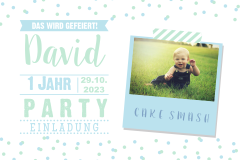 Einladung zum 1. Geburtstag mit Foto und Konfetti
