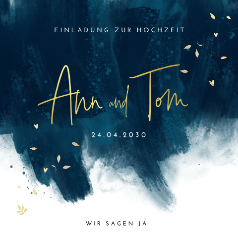 Hochzeitseinladung mit Goldfolie und blauen Pinselstrichen