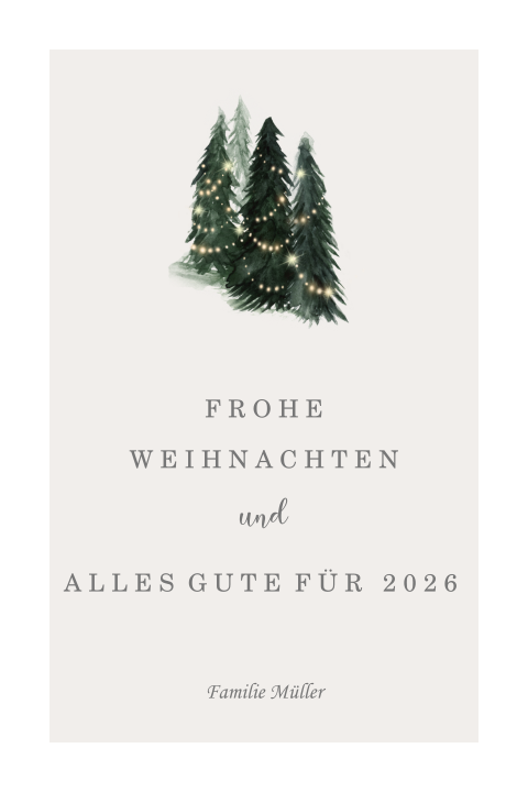 Weihnachtskarte mit Weihnachtsbäumen mit Lichterketten