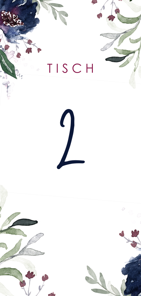 Karte mit Tischnummer mit Aquarell Blumenrand