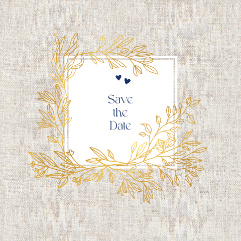 Save-the-Date-Karte mit goldenen Zweigen und Leinenoptik