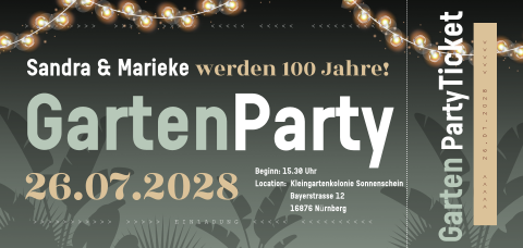 Einladung zur Gartenparty mit Lichterketten  im Ticket Design